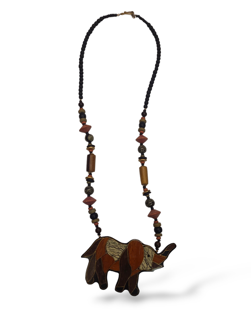 Vintage Wood Beaded Elephant Mixed Material Necklace Brown Green